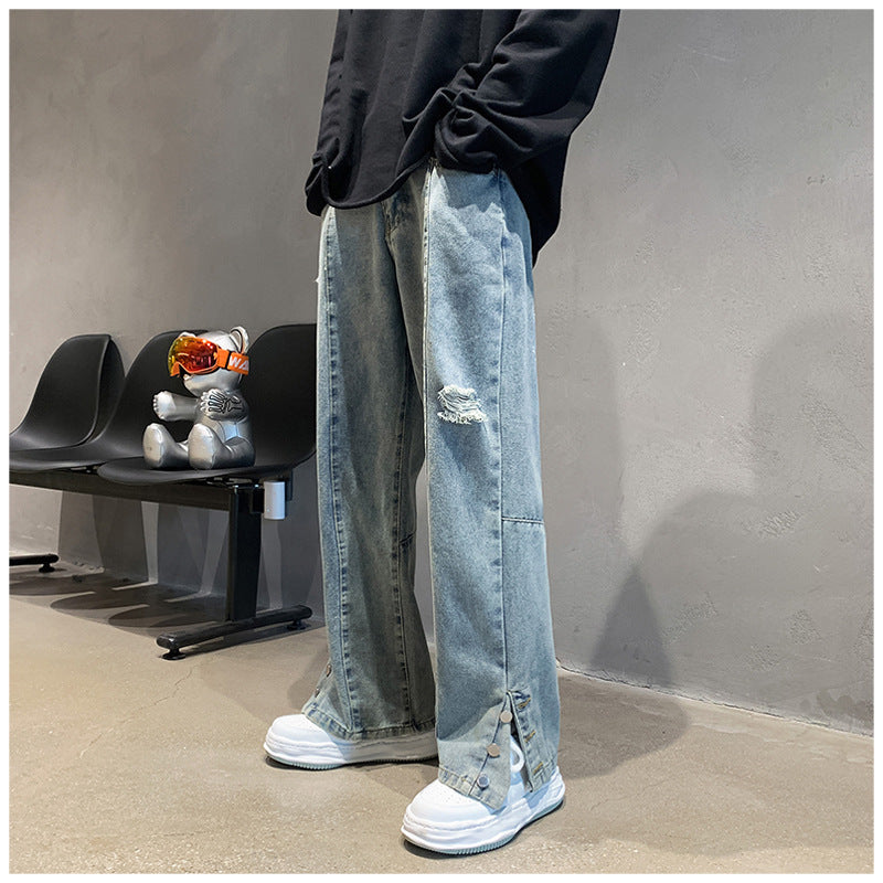 Men Jeans Ripped Jeans Men's Summer Letter Embroidery Slit Loose Straight Casual Trousers