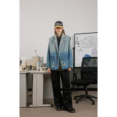 Unisex Jacket Washed Gradient Denim Jacket Men's and Women's Lapel Denim Coat