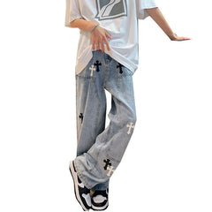 Men Jeans Cross Labeling Jeans Men's Loose Straight Casual Pants