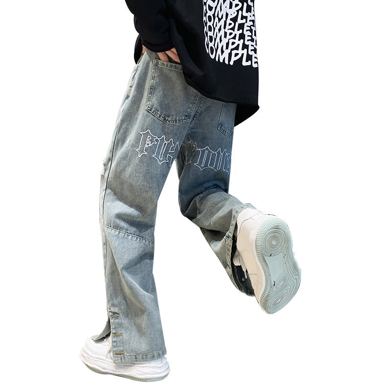 Men Jeans Letter Embroidered Jeans Men's Spring/Summer Hip Hop Straight-Leg Pants