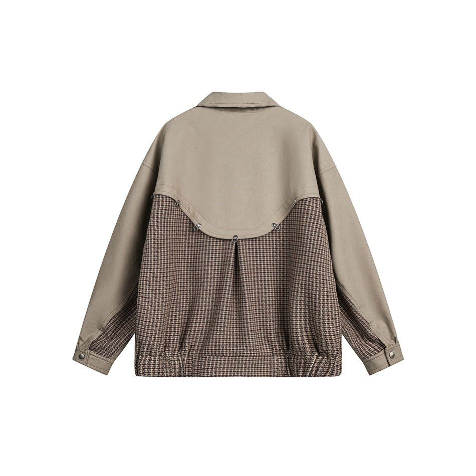 Unisex Jacket Retro Houndstooth Stitching Polo Collar Jacket Baggy Coat