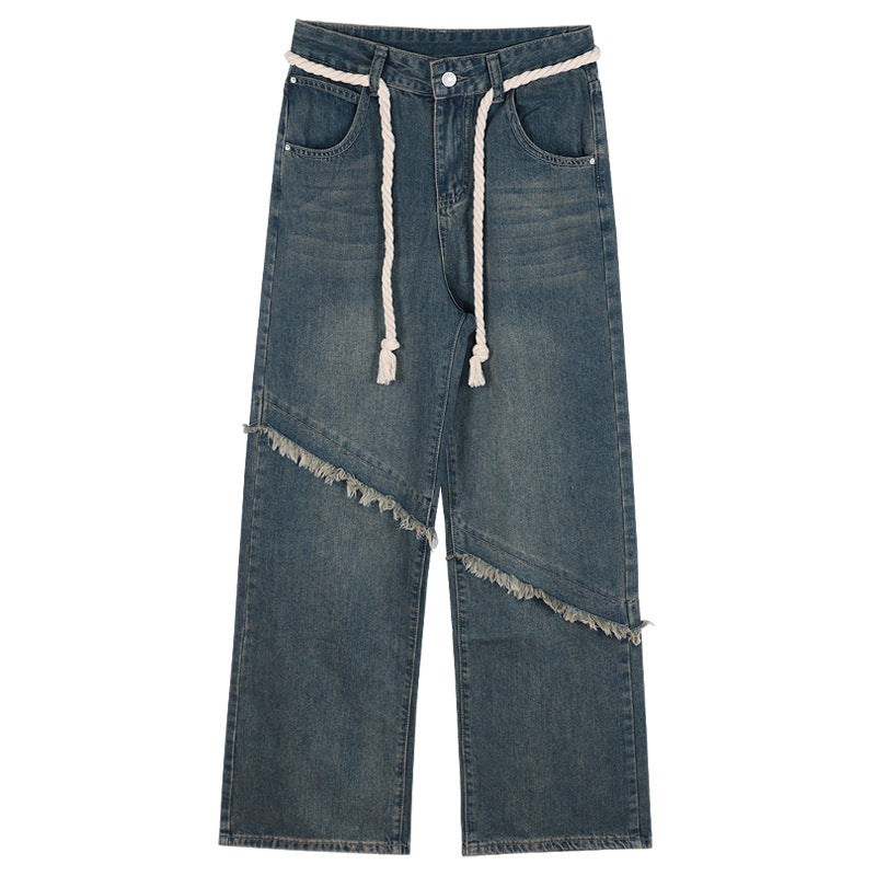 Men Jeans Vintage Jeans Loose High Waist Straight Wide Leg Pants