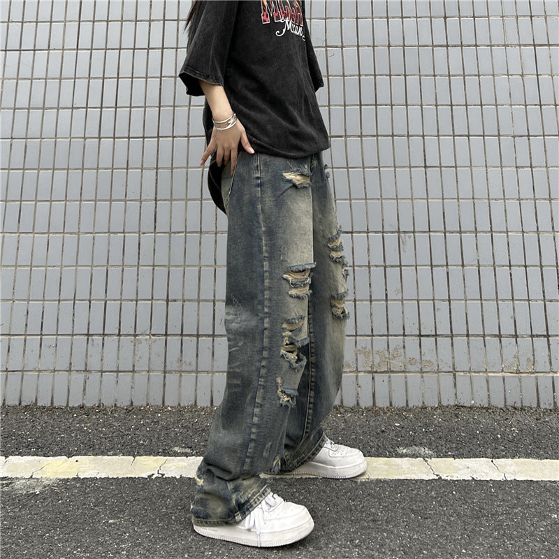 Men Jeans Retro Washed Distressed Ripped Jeans