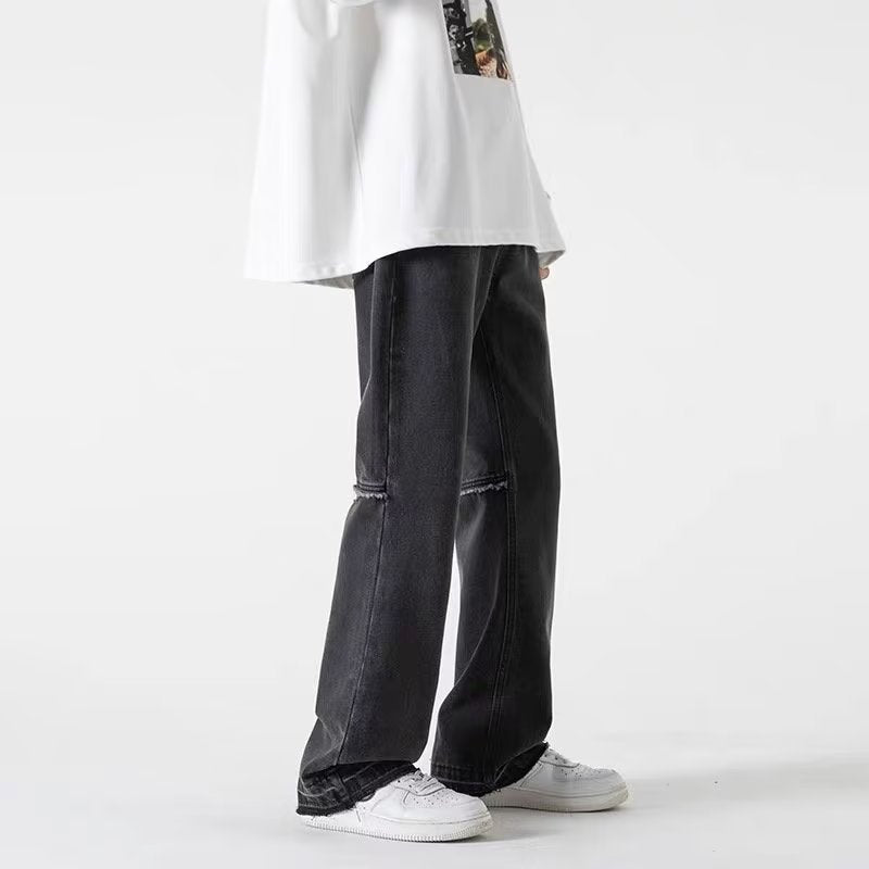Men Jeans Retro Washed Jeans Men's Loose Straight Bootleg Pants