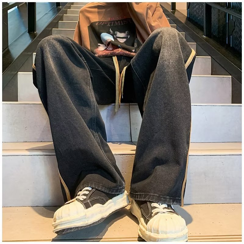 Men Jeans Retro Washed Jeans Men's Spring and Autumn Loose Wide-Leg Straight Trousers