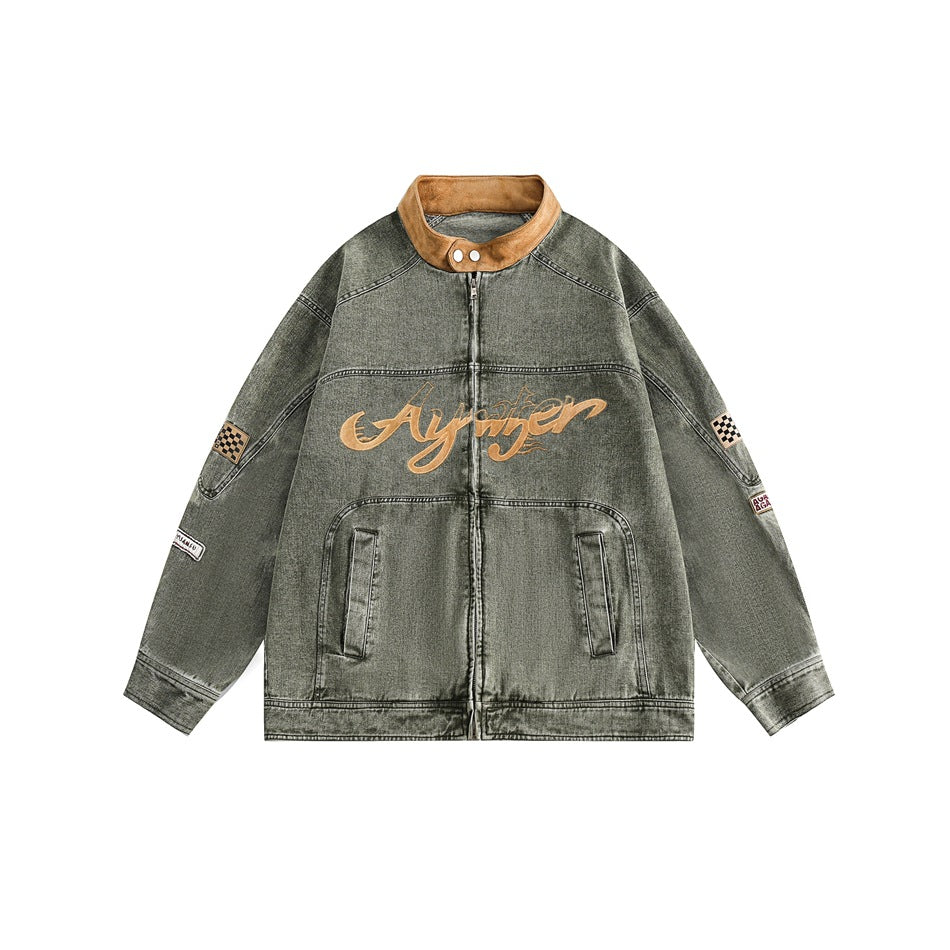 Unisex Jacket Vintage Racing Stand Collar Denim Jacket Spring and Autumn Coat Motorcycle Jacket