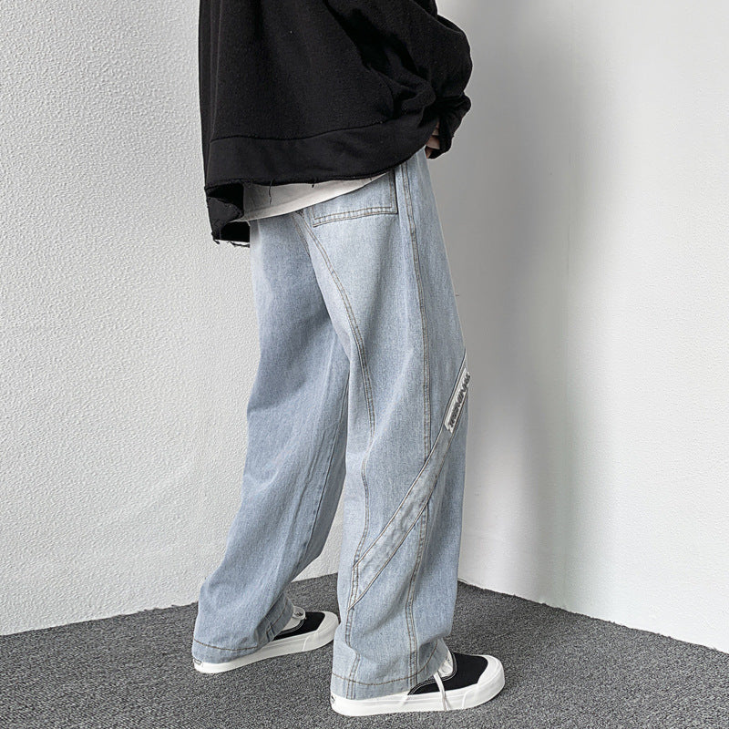 Men Jeans Washed Jeans Men's Casual Trousers Straight Loose Wide Leg Pants