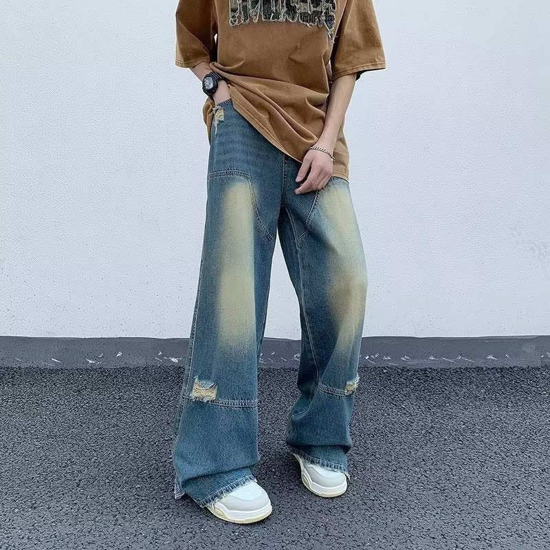 Men Jeans Washed Make Old Ripped Jeans Summer Baggy Straight Trousers