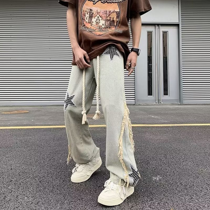 Men Jeans Embroidered Jeans Men's Summer Retro Loose Wide-Leg Straight Pants