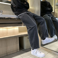 Men Jeans Loose Straight Wide-Leg Pants Spring and Autumn Black Casual Trousers
