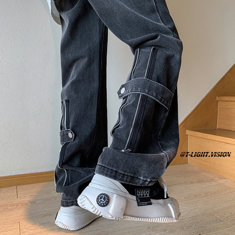 Men Jeans Zipper Jeans Men's Spring Retro Loose Wide Leg Straight Casual Trousers