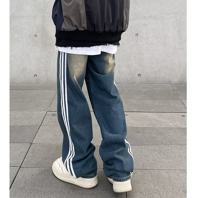 Men Jeans Retro Washed Distressed Loose Straight Jeans