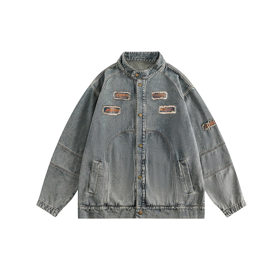 Unisex Jacket Casual Retro Locomotive Style Stand Collar Denim Jacket