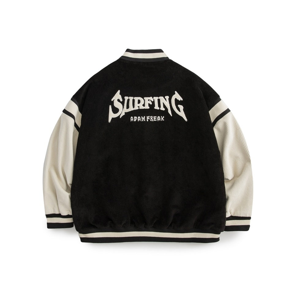 Unisex Jacket Vintage Baseball Jacket Men's and Women's Loose Corduroy Embroidered Jacket