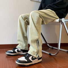 Men Jeans Zipper Dyed Jeans Men's Split Washed Straight Bootcut Trousers