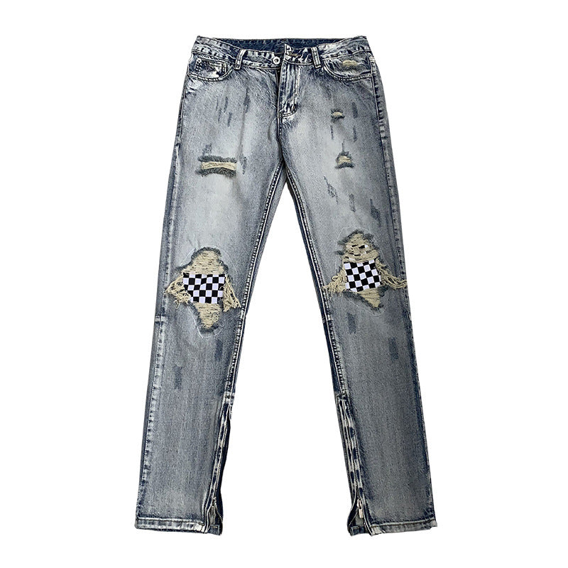 Men Jeans Summer Water Washed Hole Jeans Patch Plaid Pants