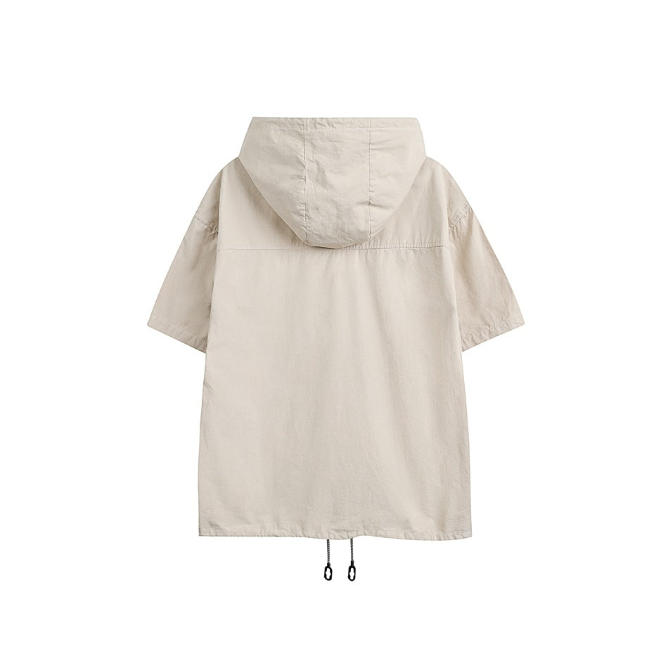 Unisex Jacket Summer Workwear with Pocket Jacket Loose Short Sleeve Hooded Jacket