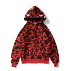 Bathing Ape Autumn and Winter Men's and Women's Pure Cotton Shark Head 3D Camouflage Printing Brushed Hoody Hoodie