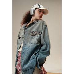 Unisex Jacket Washed Denim Clothes Jacket Lapel Loose Men and Women Same Style Overalls