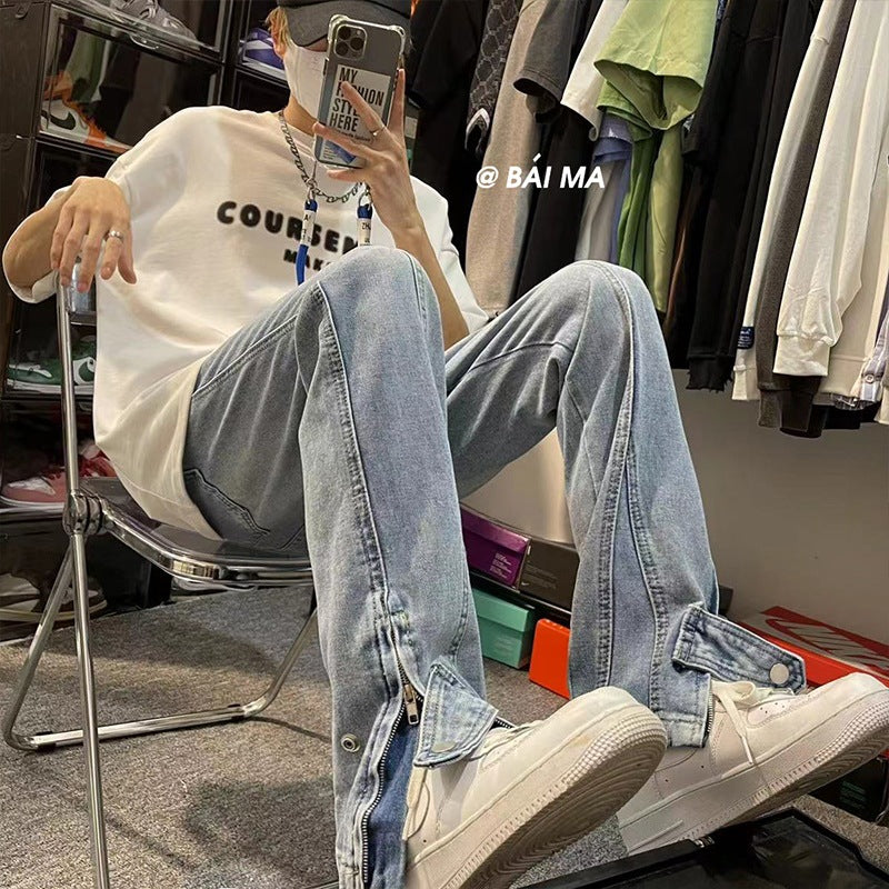 Men Jeans Side Zipper Jeans Men's Summer Loose Casual Pants