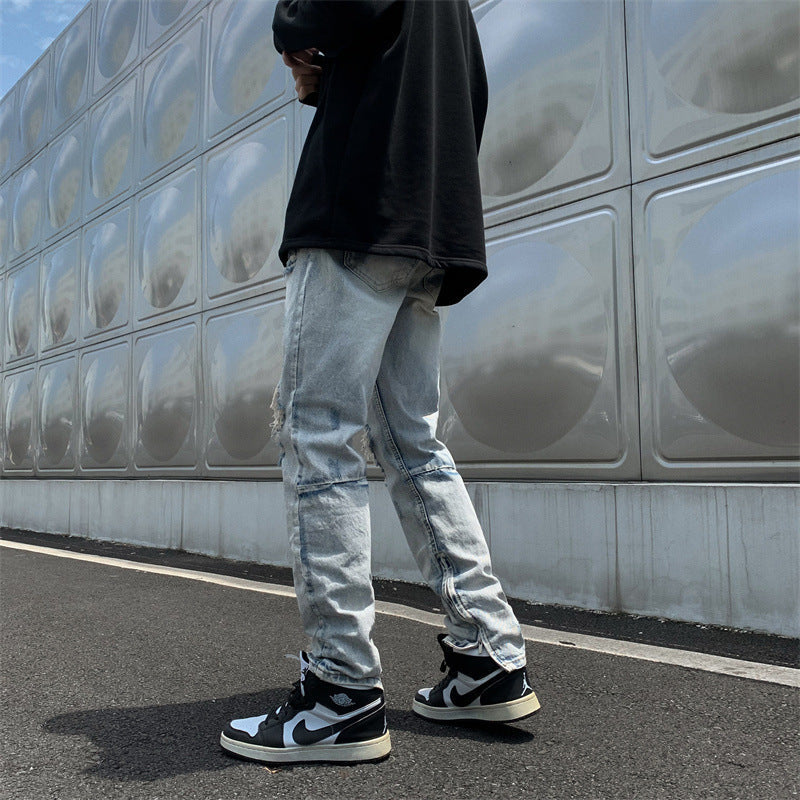 Men Jeans Loose Hole Straight Tide Trousers