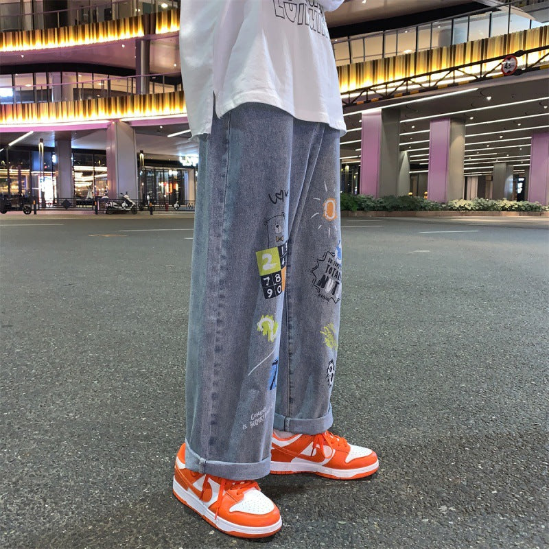 Men Jeans Spring and Autumn Loose-Fitting Wide-Leg Trousers Hip Hop Graffiti Pants