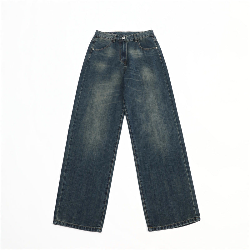 Men Jeans Retro Wide-Leg Pants Casual Straight-Leg Washed Jeans