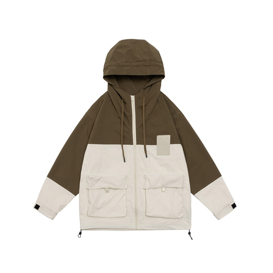 Unisex Jacket Vintage Color Contrast Patchwork Hooded Jacket Shell Jacket Baggy Coat