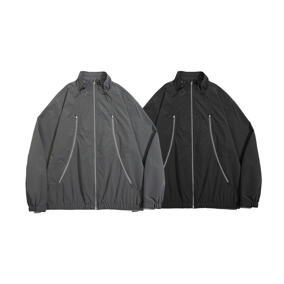 Unisex Jacket Vintage Zipper Stand Collar Coat for Men and Women Same Style Loose-Fitting Workwear Jacket