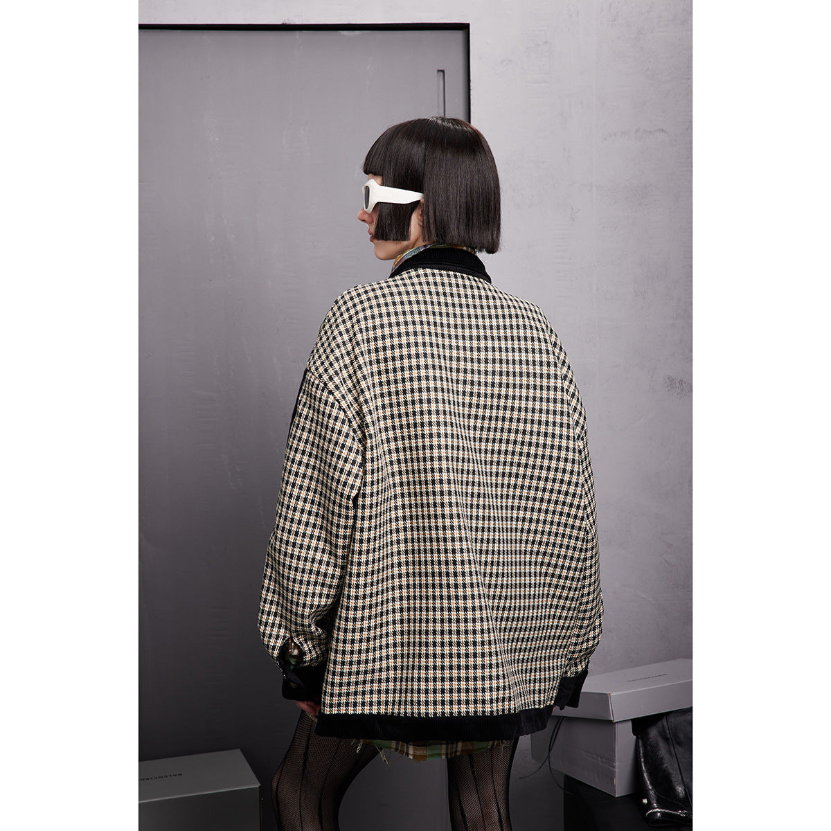 Unisex Jacket Houndstooth Jacket Men and Women Couple Loose Lapels Plaid Jacket