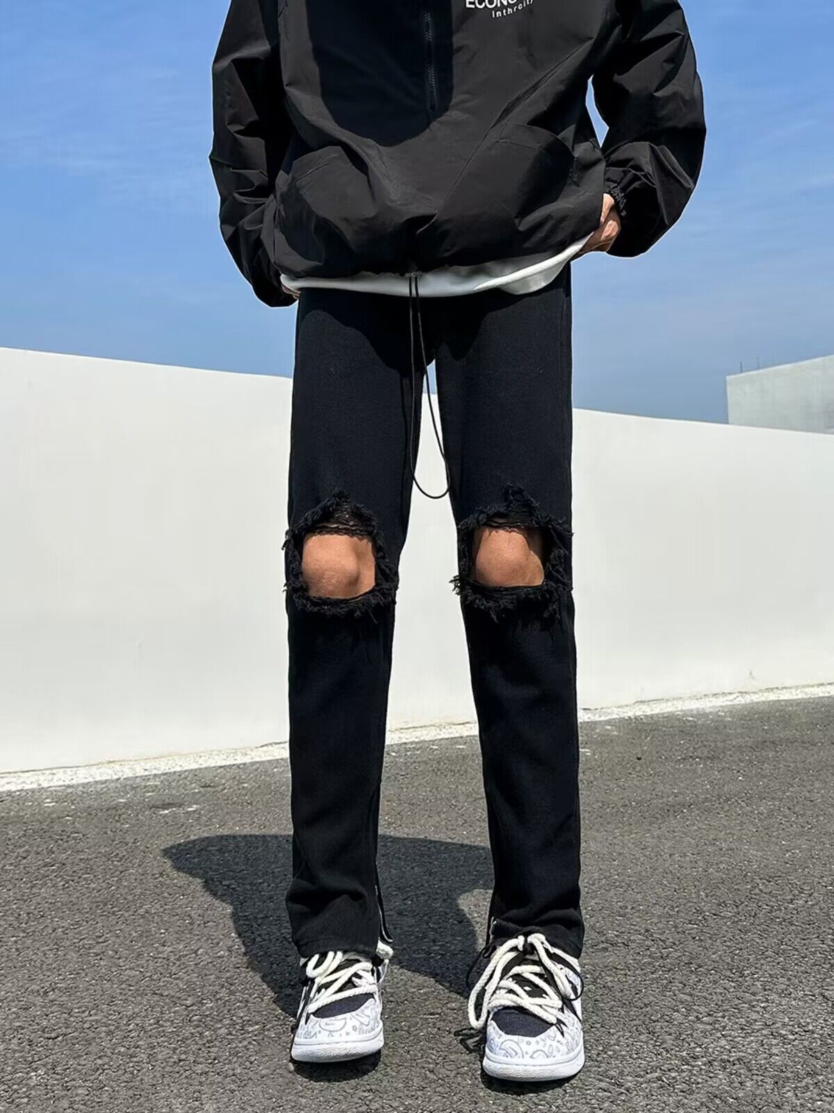 Men Jeans Black Ripped Zipper Jeans Summer Straight-Leg Trousers