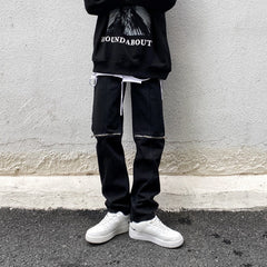 Men Jeans Vintage Black Knee Ripped Zipper Jeans