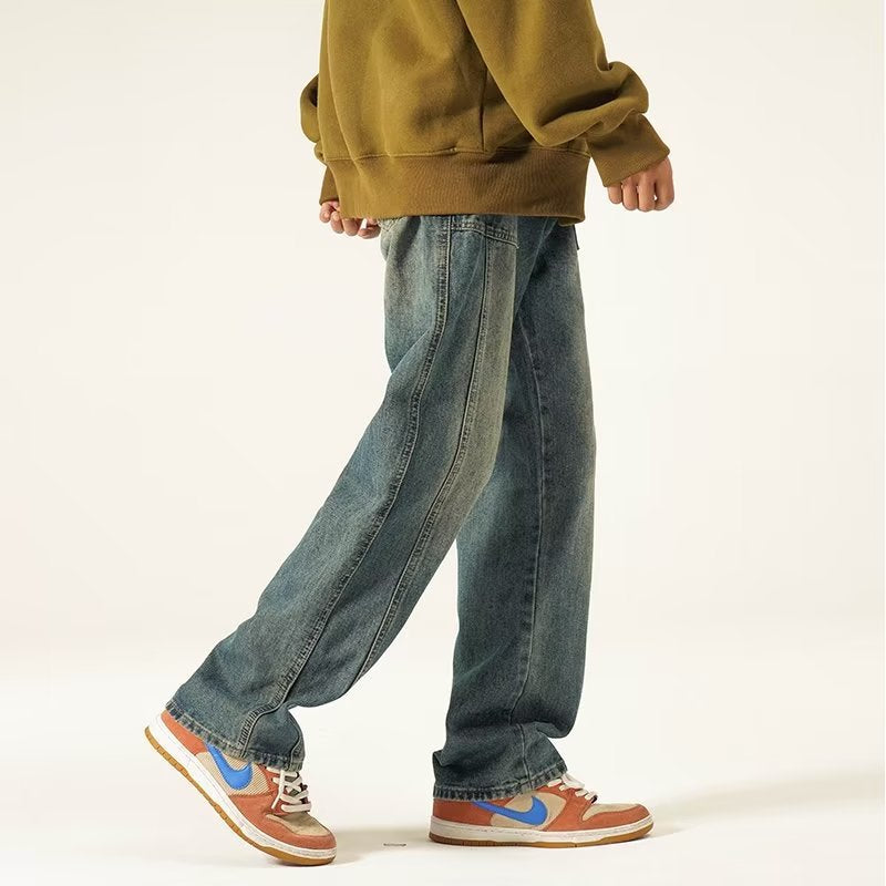 Men Jeans Washed Worn Jeans Men's Straight-Leg Trousers Wide Leg Pants