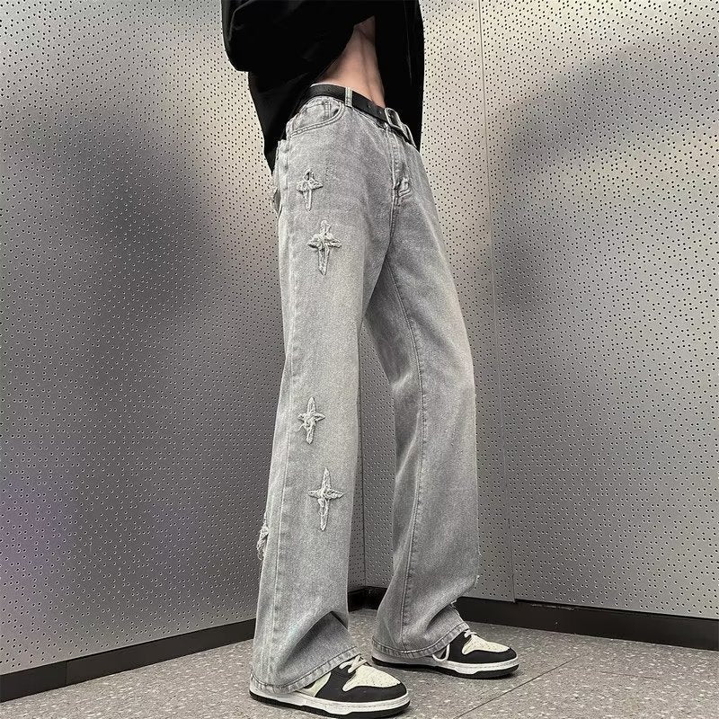 Men Jeans Straight Oversize Summer Slightly Flared Wide Leg Pants