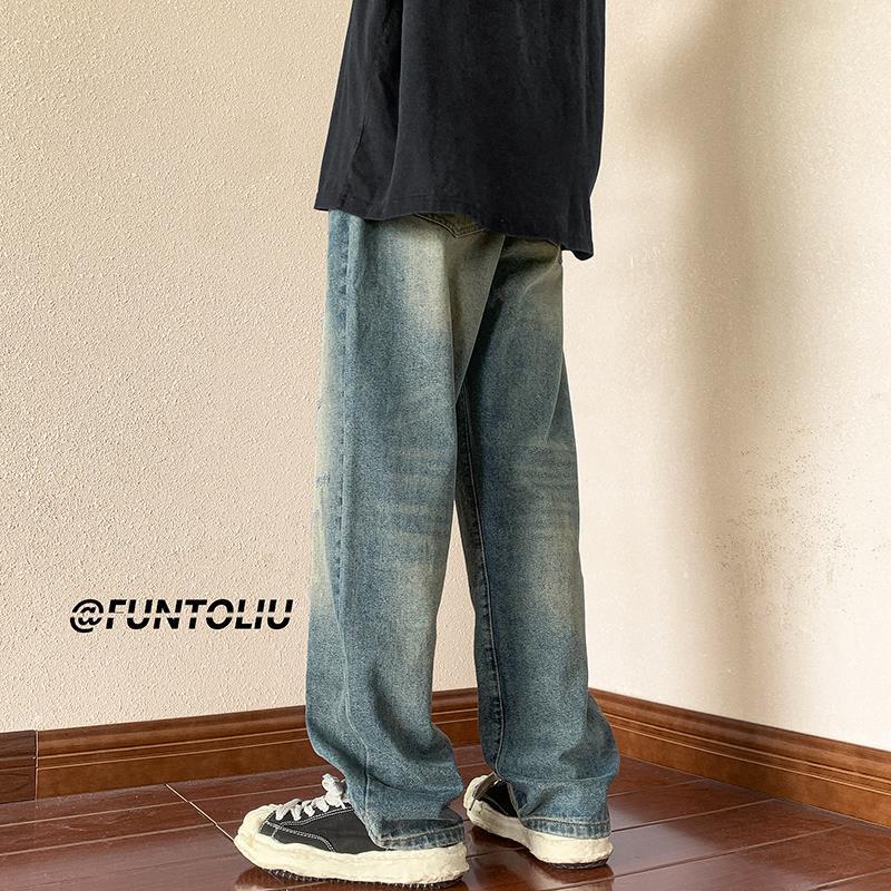 Men Jeans Vintage Jeans Autumn Distressed Washable Pants Loose Straight Wide Leg Pants