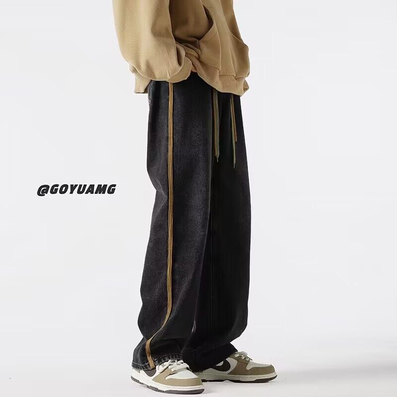 Men Jeans Wide Leg Pants Retro Washed Straight Casual Pants