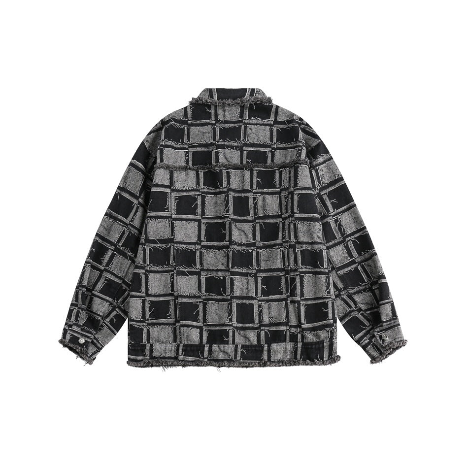 Unisex Jacket Vintage Plaid Denim Jacket for Men and Women Baggy Coat