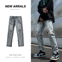 Men Jeans Loose Hole Straight Tide Trousers