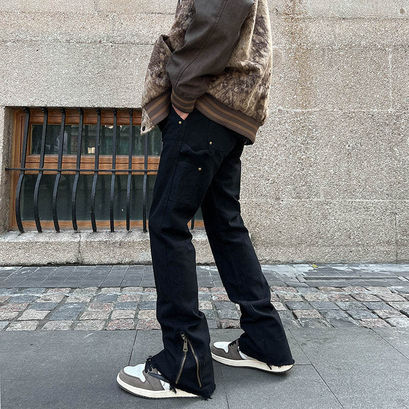 Men Jeans Zipper Slit Casual Pants Loose Straight Bootcut Pants
