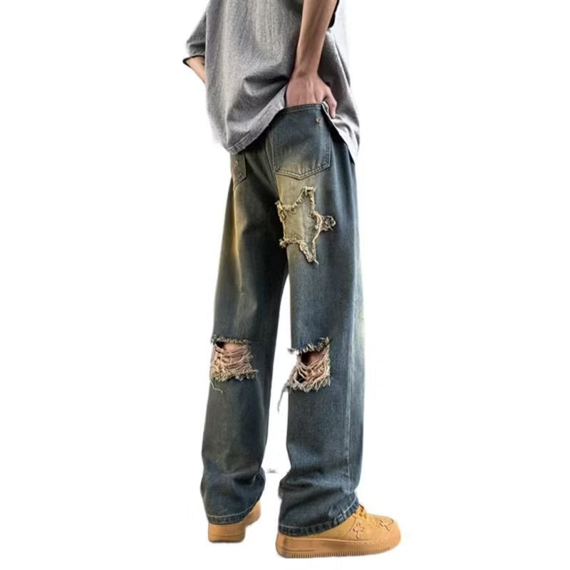 Men Jeans Summer Vintage Vibe Ripped Wide Leg Pants