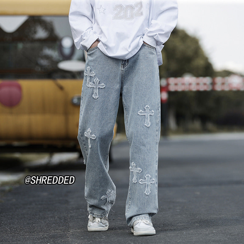 Men Jeans Cross Labeling Vintage Jeans Autumn Leisure Straight-Leg Pants