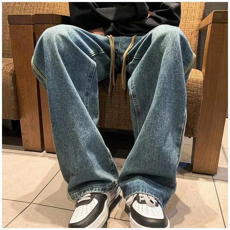 Men Jeans Retro Washed Jeans Men's Spring and Autumn Loose Wide-Leg Straight Trousers