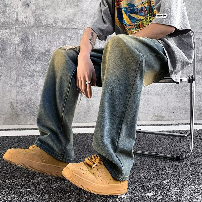 Men Jeans Summer Vintage Vibe Ripped Wide Leg Pants