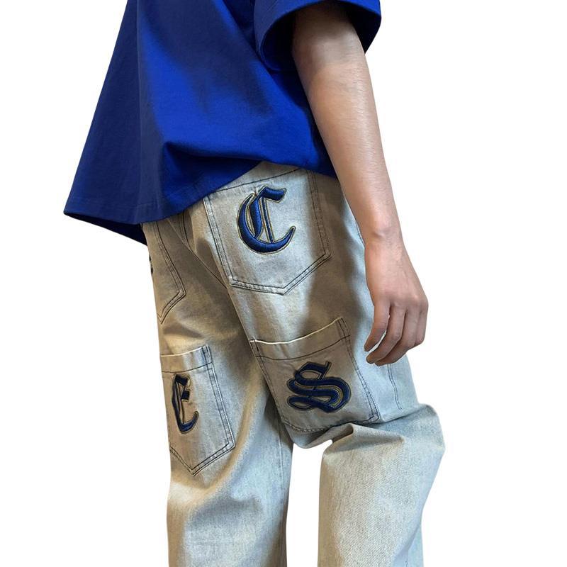Men Jeans Embroidered Jeans Ripped Men's Summer Baggy Straight Trousers