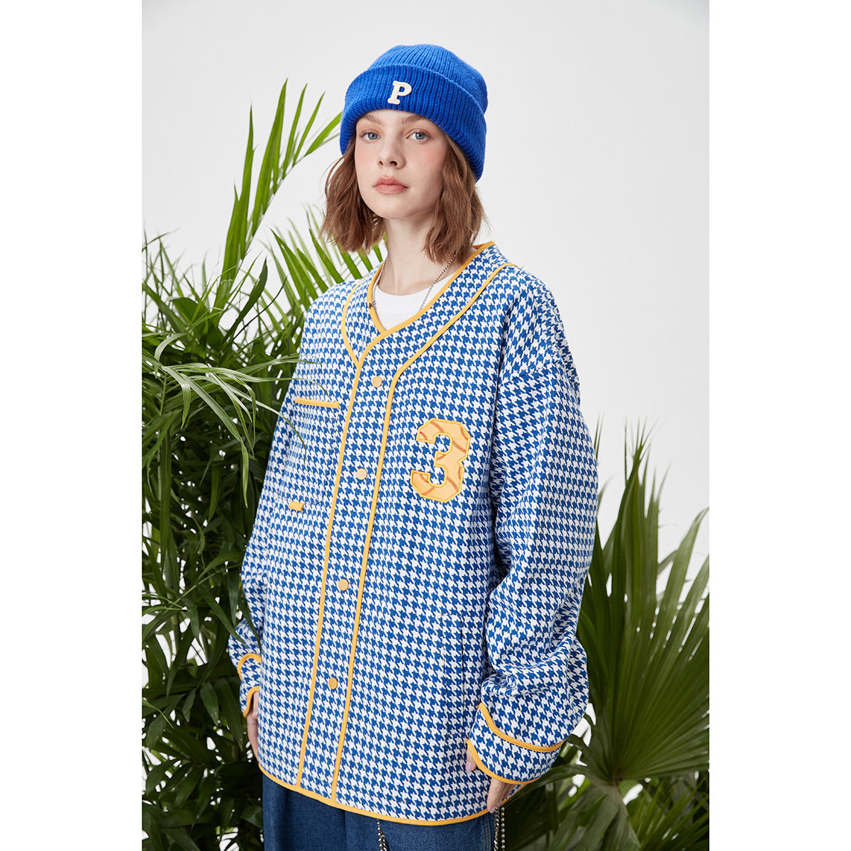 Unisex Jacket Baseball Clothing Jacket Men and Women Couple's Collarless Houndstooth Design Jacket