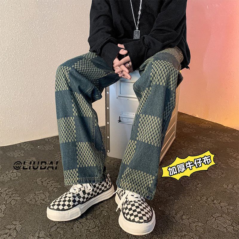 Men Jeans Chessboard Plaid Jeans Autumn Straight Wide-Leg Pants Retro Loose Trousers