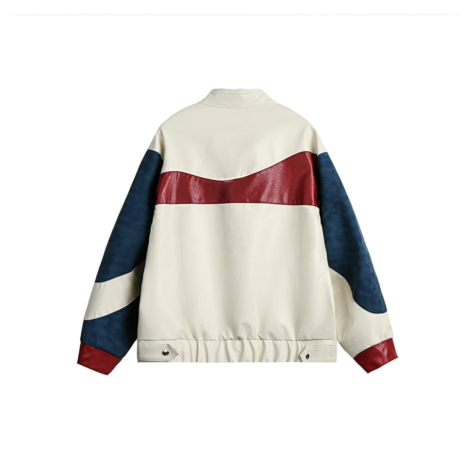 Unisex Jacket Retro Patchwork Jacket Loose PU Leather Coat