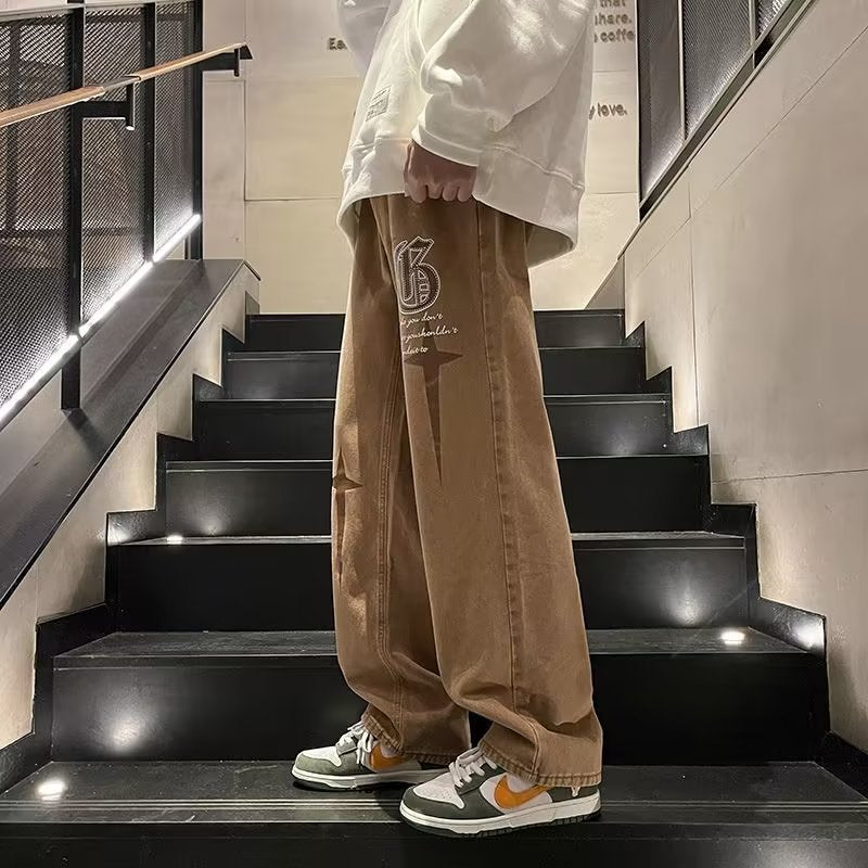 Men Jeans American Vintage Embroidered Jeans Baggy Straight Trousers