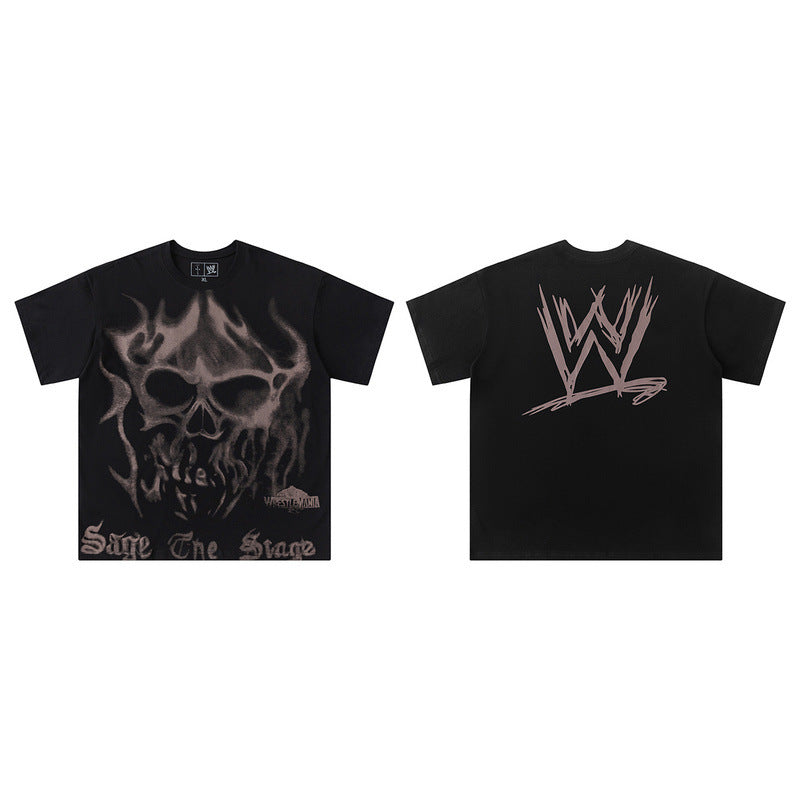 Travis Scott T-Shirt Travis Scott x WWE Flame Skull Letter Print SAGE THE STAGE Short Sleeve T