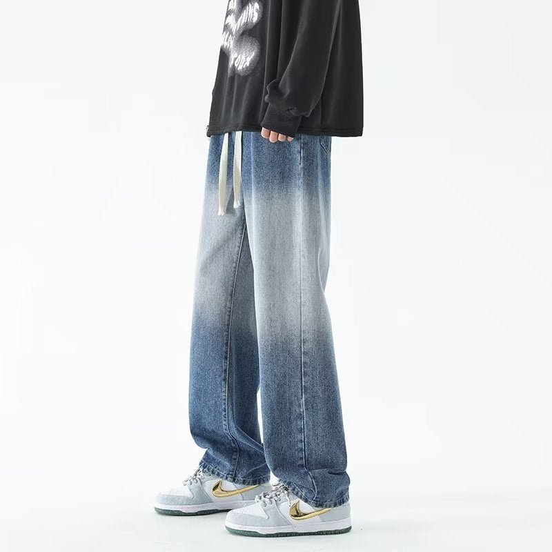 Men Jeans Gradient Jeans Men Retro Washed Loose Wide-Leg Straight Trousers